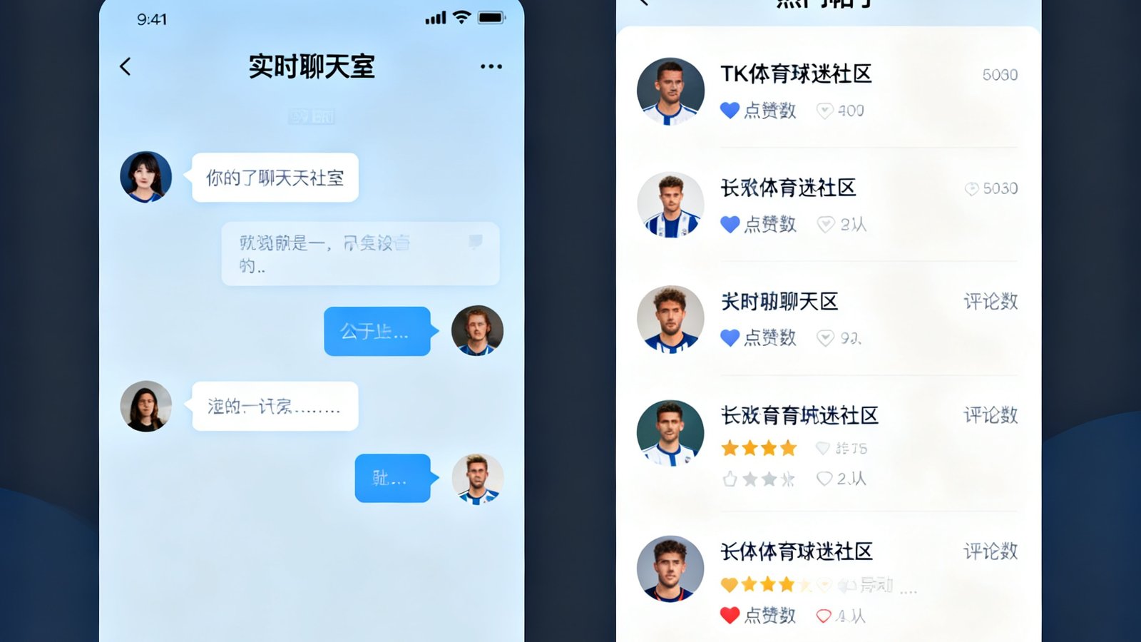 TK体育球迷社区界面，展示实时聊天室和帖子列表，用户头像和互动数据清晰可见，界面设计现代简洁